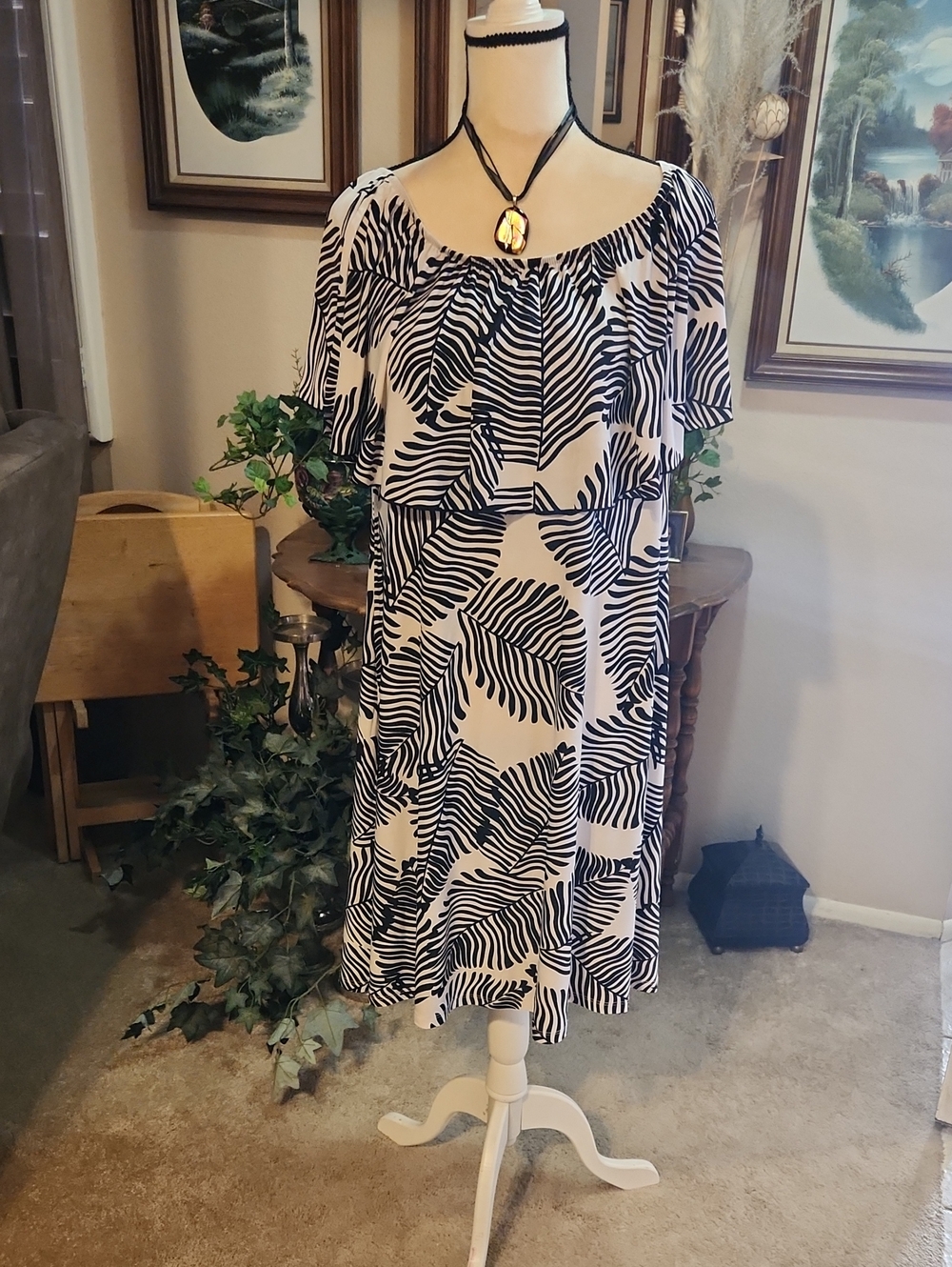 Veja Black and White Leaf-Print Midi Dress